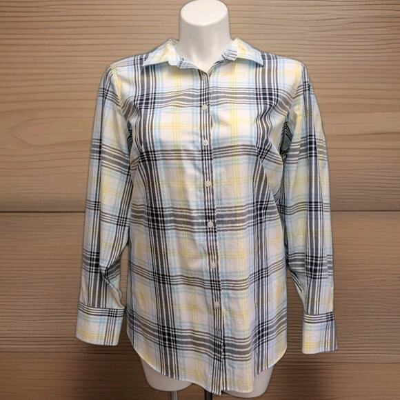 Lands' End Tops - Lands End No Iron Supima Shirt Sz 22W Blue Yellow Plaid Long Sleeve Cotton